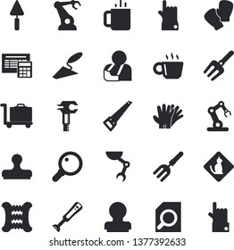 Solid vector icon set - trowel flat vector, saw, calculator, blender, tea, pitchfork, gloves, robotics, trammel, injury, coffee, magnifier, stamp, robot hand, industrial, carpal expander, boxing