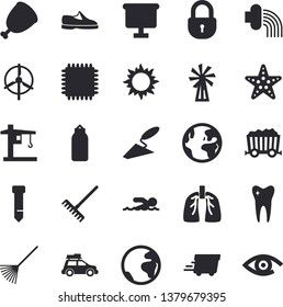 Solid vector icon set - trowel flat vector, ham, windmill, rake, hose irrigation, sun, crane, mining, flipchart, express delivery, tooth, lungs, tie, cpu, sneakers, sports pear, swimming, car, lock