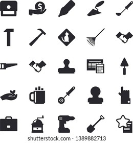 Solid vector icon set - trowel flat vector, drill screwdriver, calculator, hammer, ladle, kitchen spoon, coffee grinder, shovel, saw, seedlings, rake, case, marker, investments, agreement, stamp