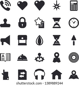 Solid vector icon set - trowel flat vector, laser, location, phone call, heart, calculator, jingle fector, house, file sharing, hourglass, stamp, mouthpiece, clock, lock, indicate, favorites, book