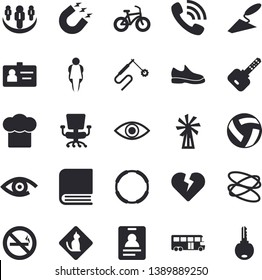 Solid vector icon set - trowel flat vector, cook hat, windmill, magnet, welding, phone call, eye, badge, office chair, book, teamwork, sneakers, volleyball, bicycle, hoop, size, bus fector, heart