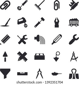 Solid vector icon set - trowel flat vector, tool, level meter, measure, construction plummet, brick, frying pan, whisk, rolling pin, meat hammer, mixer, rake, hose irrigation, dividers, wrench, clip