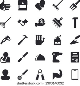 Solid vector icon set - trowel flat vector, drill screwdriver, putty knife, hammer, kitchen spatula, spoon, coffee grinder, dish, pitchfork, rake, trammel, investments, injury, agreement, contract