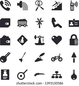 Solid Vector Icon Set - Trowel Flat Vector, Teflon, Windmill, Knife, Hose Irrigation, Oil Pumping, Mining, Purse, Phone Call, Badge, Classification, Bicycle, Skipping Rope, Swing Press, Key, Golf