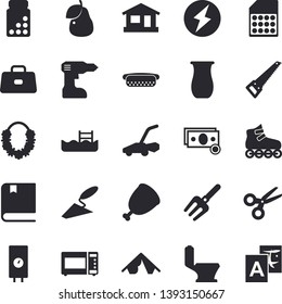 Solid vector icon set - trowel flat vector, drill screwdriver, saw, toilet, boiler, microwave, jugful, hot dog, ham, pear, pitchfork, house, lawn mower, SIM card, cash, briefcase, textbook, vitamins