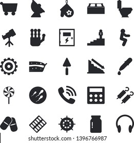 Solid vector icon set - trowel flat vector, toilet, switch box, brick, potholder, glass jar, piece of cake, shashlik, lollipop, satellite antenna, grocery trolley, cogwheel, crisis, phone call