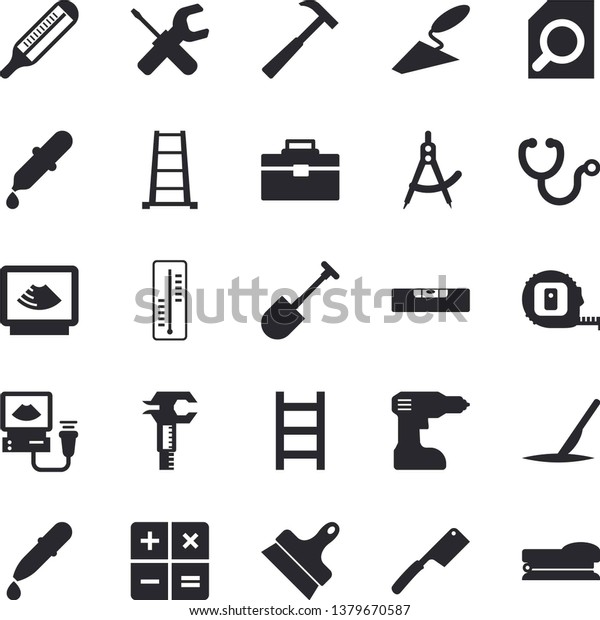 Solid vector icon set - trowel flat vector, tool,\
drill screwdriver, tape measure, bag, level meter, putty knife,\
hammer, knives, thermometer, shovel, ladder, dividers, trammel,\
calculator, pipette