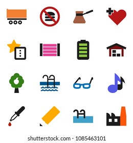 solid vector icon set - turk coffee vector, pencil, glasses, music, pool,truck trailer, wood box, battery, heart cross, dropper, favorites, fruit tree, barn, factory