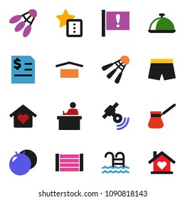 solid vector icon set  - turk coffee vector, dish, student, annual report, fitball, shorts, shuttlecock, pool, attention, wood box, dry cargo, satellitie, favorites, love home