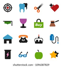 solid vector icon  set - turk coffee vector, cake, graduate hat, glasses, diet, target, energy drink, phone, glass, heart cross, scissors, drop counter, tooth, home, buy, star