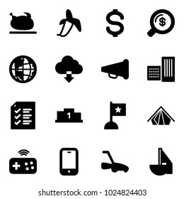 Solid vector icon set - turkey vector, banana, dollar, money search, globe, download cloud, speaker horn, building, list, pedestal, flag, tent, joystick wireless, mobile phone, lawn mower