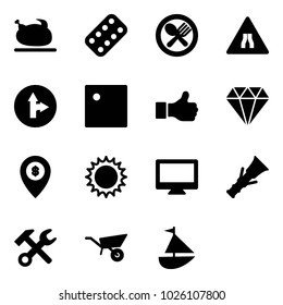 Solid vector icon set - turkey vector, pills blister, fork spoon plate, Road narrows sign, only forward right, like, diamond, atm map pin, sun, monitor, dowel, wrench hammer, wheelbarrow