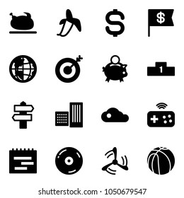 Solid vector icon set - turkey vector, banana, dollar sign, flag, globe, target, piggy bank, pedestal, signpost, building, cloud, joystick wireless, terms plan, cd, wind mill, basketball