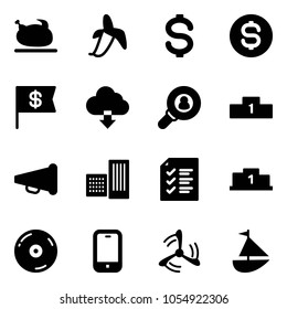 Solid vector icon set - turkey vector, banana, dollar, coin, flag, download cloud, head hunter, pedestal, speaker horn, building, list, cd, mobile phone, wind mill, sailboat toy