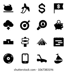 Solid vector icon set - turkey vector, banana, dollar, flag, download cloud, target, head hunter, piggy bank, pedestal, signpost, tent, terms plan, cd, mobile phone, lawn mower, sailboat toy