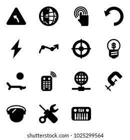 Solid vector icon set - turn left vector road sign, globe, hand cursor, undo, lightning, chart point arrow, target, business idea, lounger, remote control, clamp, protect glass, wrench screwdriver