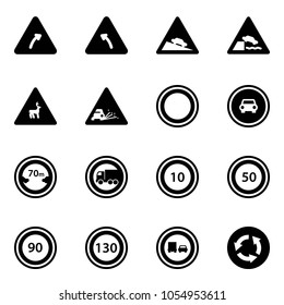 Solid vector icon set - turn right vector road sign, left, steep descent, embankment, wild animals, gravel, prohibition, no car, limited distance, truck, speed limit 10, 50, 90, 130, overtake