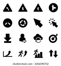 Solid vector icon set - turn left vector road sign, intersection, only forward right, detour, circle, cursor, download, user login, refresh cloud, target, growth arrow, career, up down arrows