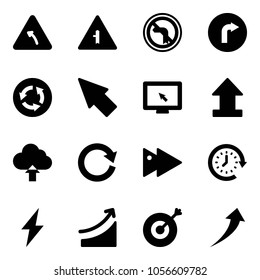Solid vector icon set - turn left vector road sign, intersection, no, only right, circle, cursor, monitor, upload, upload cloud, reload, fast forward, clock around, lightning, rise, target, growth