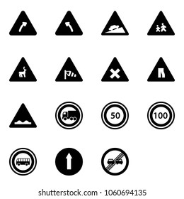 Solid vector icon set - turn right vector road sign, left, climb, children, wild animals, side wind, railway intersection, narrows, rough, no truck, speed limit 50, 100, bus, only forward