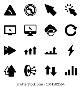 Solid vector icon set - turn left vector road sign, no, cursor, monitor, refresh cloud, reload, fast forward, arrows up, growth arrow, lightning, solution, down, chart