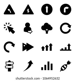 Solid vector icon set - turn left vector road sign, intersection, only forward, right, cursor, user login, upload cloud, reload, redo, fast, arrows up, growth arrow, signpost, chart, dart