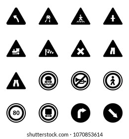 Solid vector icon set - turn left vector road sign, slippery, pedestrian, intersection, railway, side wind, narrows, no dangerous cargo, horn, speed limit 80, only right, detour