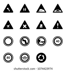 Solid vector icon set - turn left vector road sign, oncoming traffic, climb, drawbridge, airport, railway intersection, narrows, attention, prohibition, no, trailer, speed limit 40, 80, tax peage