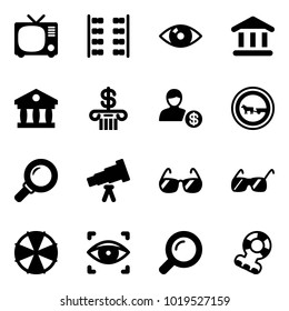 Solid vector icon set - tv vector, plane seats, eye, bank, account, no cart horse road sign, magnifier, telescope, sunglasses, parasol, scanner, teethers