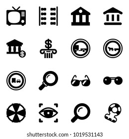 Solid vector icon set - tv vector, plane seats, bank, account, no trailer road sign, cart horse, truck overtake, magnifier, sunglasses, parasol, eye scanner, teethers