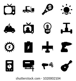 Solid vector icon set - tv vector, fork loader, money torch, bulb, electric car, news, business idea, gyroscope, sun power, battery, milling cutter, drill, multimeter, jig saw, dryer, guitar