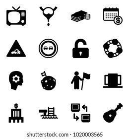 Solid vector icon set - tv vector, bladder, cash, calendar, car crash road sign, no overtake, unlocked, friends, brain work, moon flag, win, doors, bank building, pool, data exchange, guitar