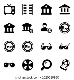 Solid vector icon set - tv vector, plane seats, bank, account, no trailer road sign, cart horse, truck overtake, sunglasses, parasol, magnifier, teethers