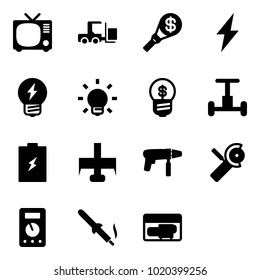 Solid vector icon set - tv vector, fork loader, money torch, lightning, idea, bulb, business, gyroscope, battery, milling cutter, drill machine, Angular grinder, multimeter, soldering iron
