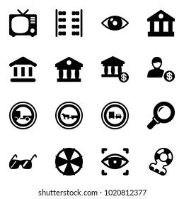 Solid vector icon set - tv vector, plane seats, eye, bank, account, no trailer road sign, cart horse, truck overtake, magnifier, sunglasses, parasol, scanner, teethers