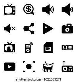Solid vector icon set - tv vector, money click, volume medium, low, off, share, play, camera, news, music player, sim, projector, playback, record button, drum, radio