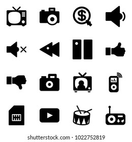 Solid vector icon set - tv vector, camera, money click, low volume, off, fast backward, pause, like, dislike, news, music player, sim, playback, drum, radio