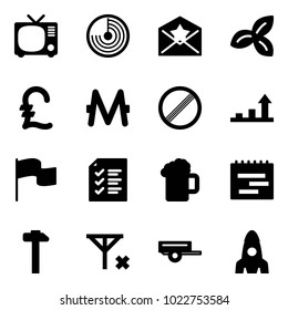 Solid vector icon set - tv vector, radar, star letter, three leafs, pound, monero, no limit road sign, growth arrow, flag, list, beer, terms plan, hammer, signal, trailer, rocket