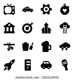 Solid vector icon set - tv vector, safety car, heart gear, stopwatch, bank, target, arrows up, cloud ladder, opening, bucket scoop, beer, exchange data, rocket, server, beanbag