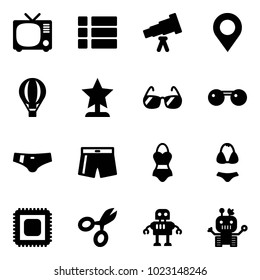 Solid vector icon set - tv vector, menu, telescope, map pin, air balloon, award, sunglasses, swimsuit, cpu, scissors, robot