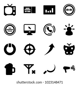 Solid vector icon set - tv vector, ticket, statistics, no overtake road sign, tax peage, monitor cursor, phone horn, idea, standby, target, growth, butterfly, beer, signal, sickle, dryer