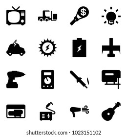 Solid vector icon set - tv vector, fork loader, money torch, bulb, electric car, sun power, battery, milling cutter, drill, multimeter, soldering iron, jig saw, generator, welding, dryer, guitar