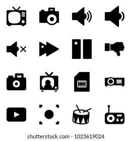 Solid vector icon set - tv vector, camera, volume medium, low, off, fast forward, pause, dislike, news, sim, projector, playback, record button, drum, radio