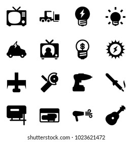 Solid vector icon set - tv vector, fork loader, idea, bulb, electric car, news, business, sun power, milling cutter, Angular grinder, drill, soldering iron, jig saw, generator, dryer, guitar