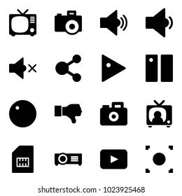 Solid Vector Icon Set - Tv Vector, Camera, Volume Medium, Low, Off, Share, Play, Pause, Record, Dislike, News, Sim, Projector, Playback, Button