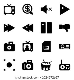 Solid vector icon set - tv vector, money click, volume off, play, fast forward, backward, pause, dislike, camera, news, sim, projector, record button, drum, radio