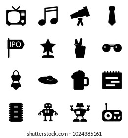 Solid vector icon set - tv vector, music, telescope, tie, ipo, award, victory, sunglasses, swimsuit, woman hat, beer, terms plan, chip, robot, radio