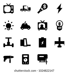 Solid vector icon set - tv vector, fork loader, money torch, lightning, bulb, electric car, news, business idea, gyroscope, water power plant, battery, milling cutter, drill machine, multimeter