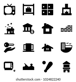 Solid vector icon set - tv vector, baggage room, fireplace, house, account, home, brick wall, key hand, doors, hotel, monoblock pc, jointer, baseball bat, toy block