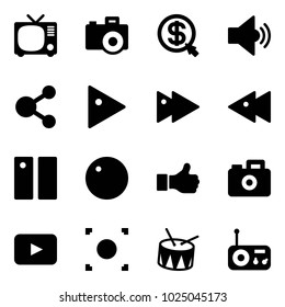 Solid vector icon set - tv vector, camera, money click, volume medium, share, play, fast forward, backward, pause, record, like, playback, button, drum, radio